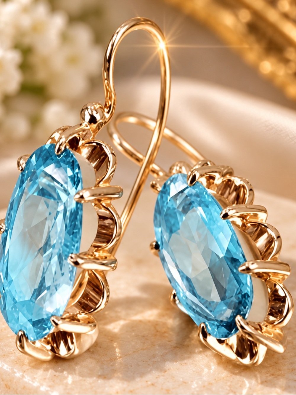Gold Blue Crystal Drop Earrings